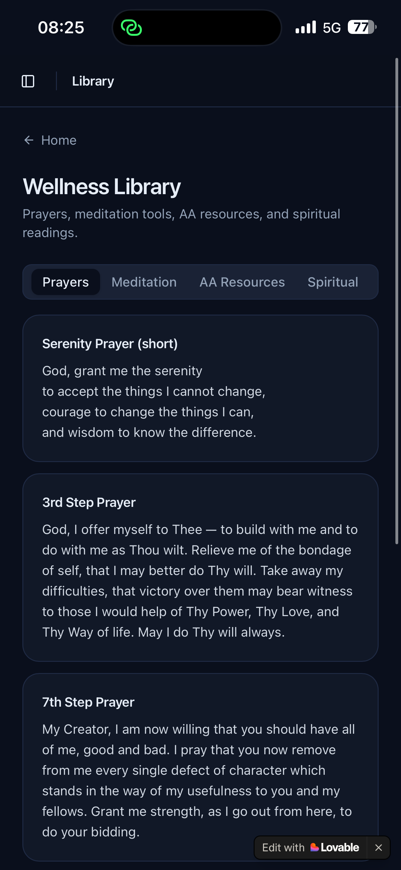 Anchor app wellness library with prayers, meditation, AA resources, and spiritual readings