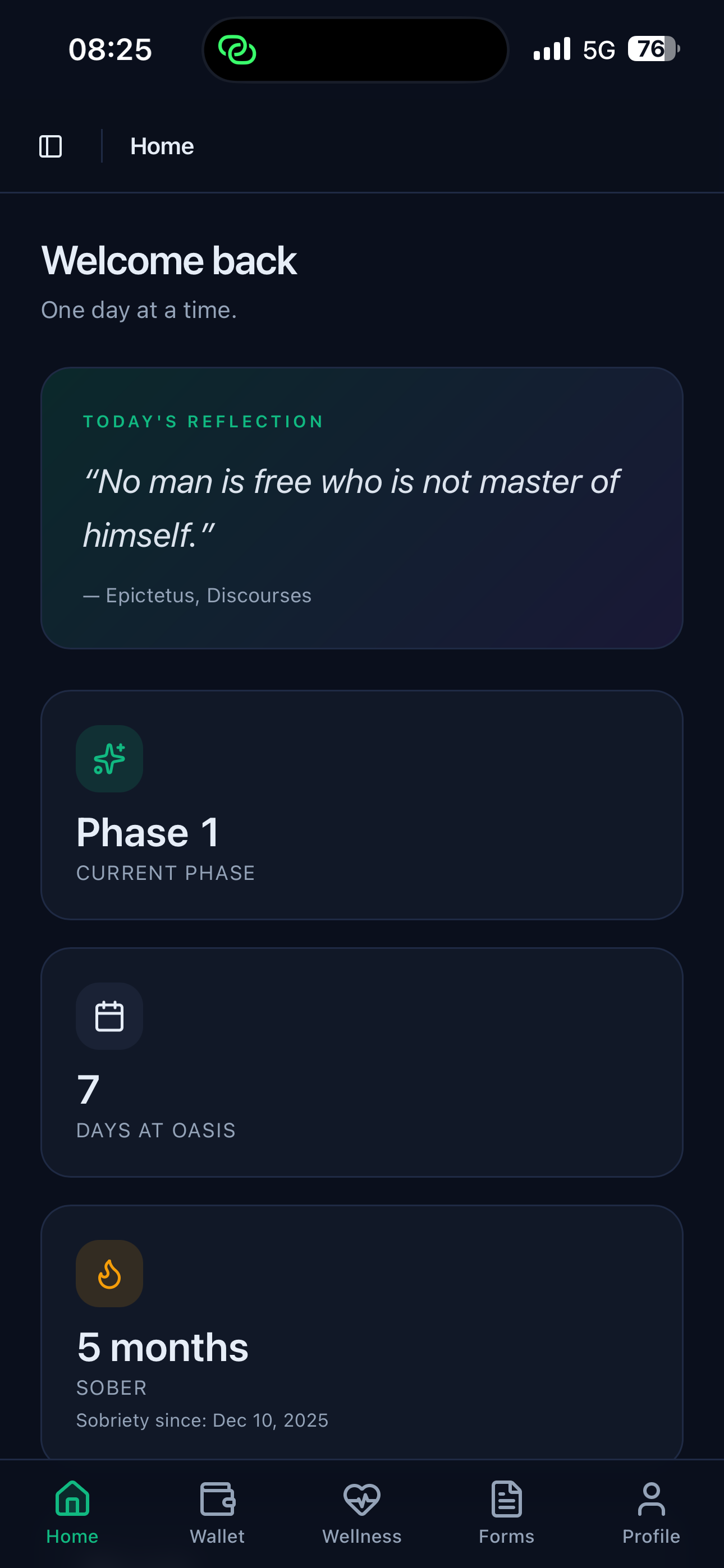 Anchor app home screen showing Phase 1 status, days at Oasis, and sobriety counter
