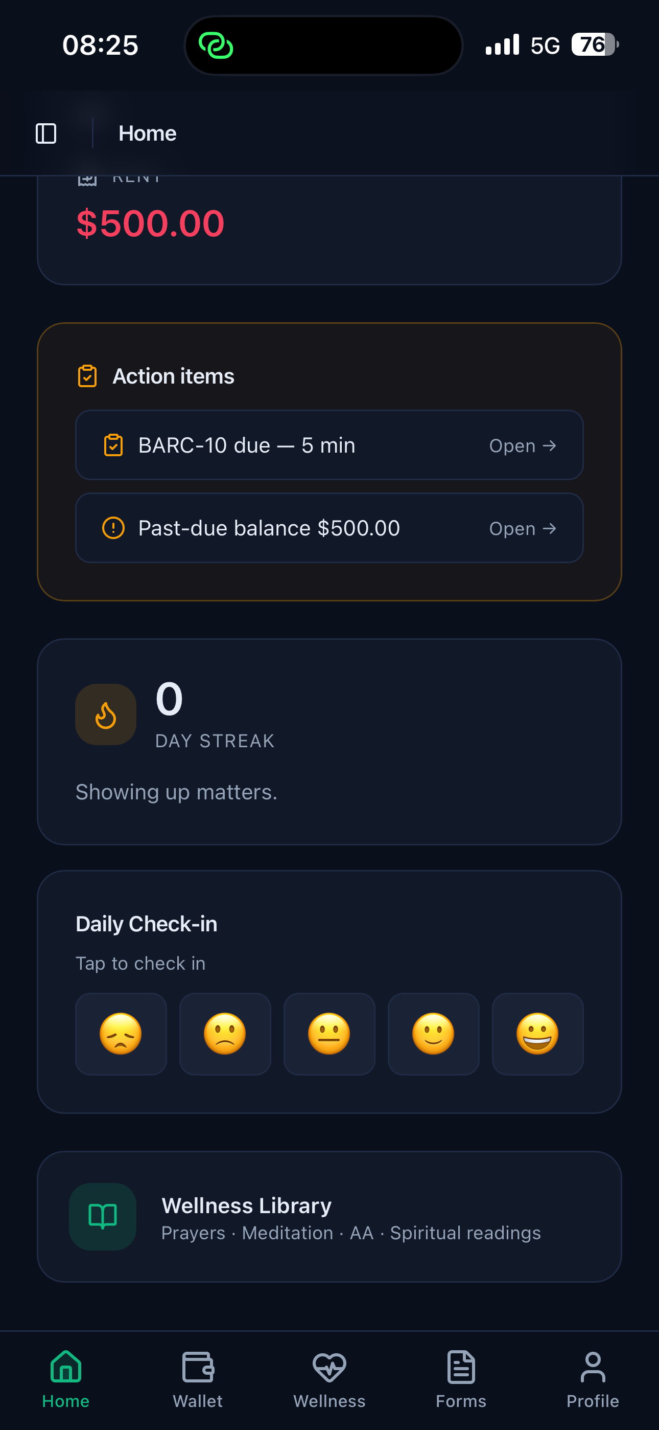 Anchor app showing action items, daily check-in, and wellness library